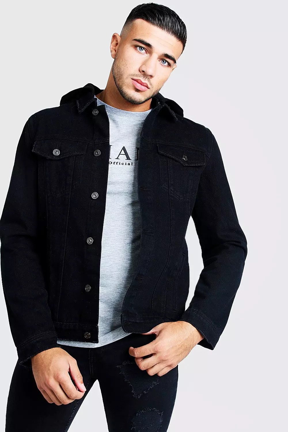 Denim jacket outlet with removable hood